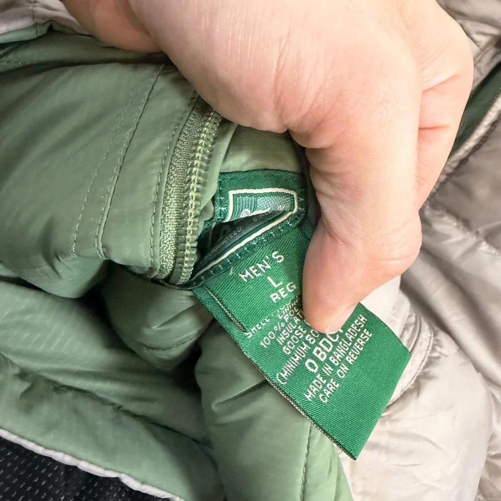 LL Bean Mens Puffer Vest Large Tan Olive Green Quilted Down Insulated 0BDC7